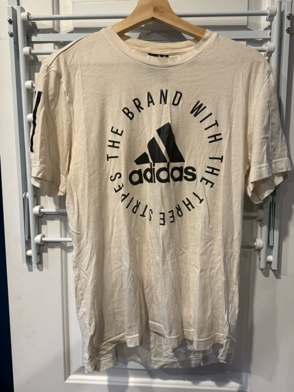 adidas Cream T-Shirt with Black Logo and Three Stripes